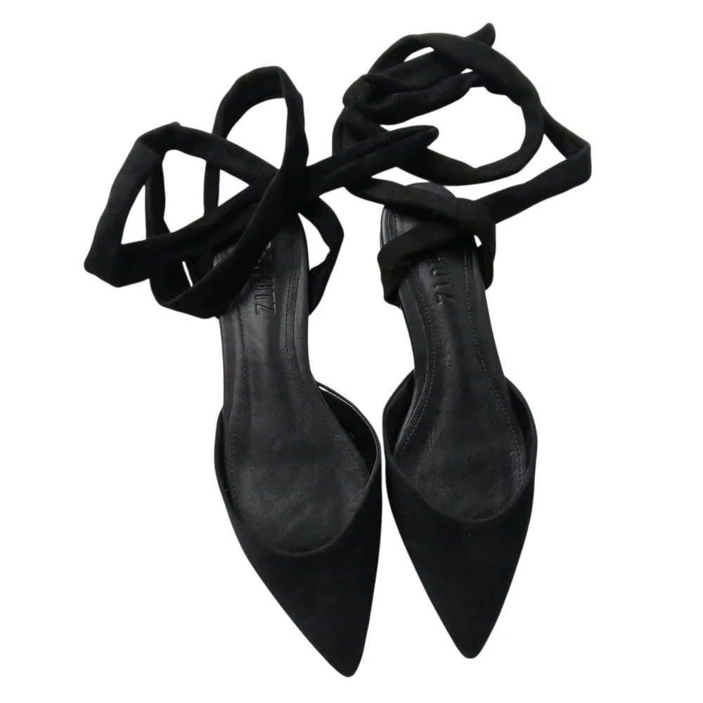 NIB Schutz Barbrah Black Suede Pointed Toe Ankle Tie Wrap D'Orsay Flats Size 6.5